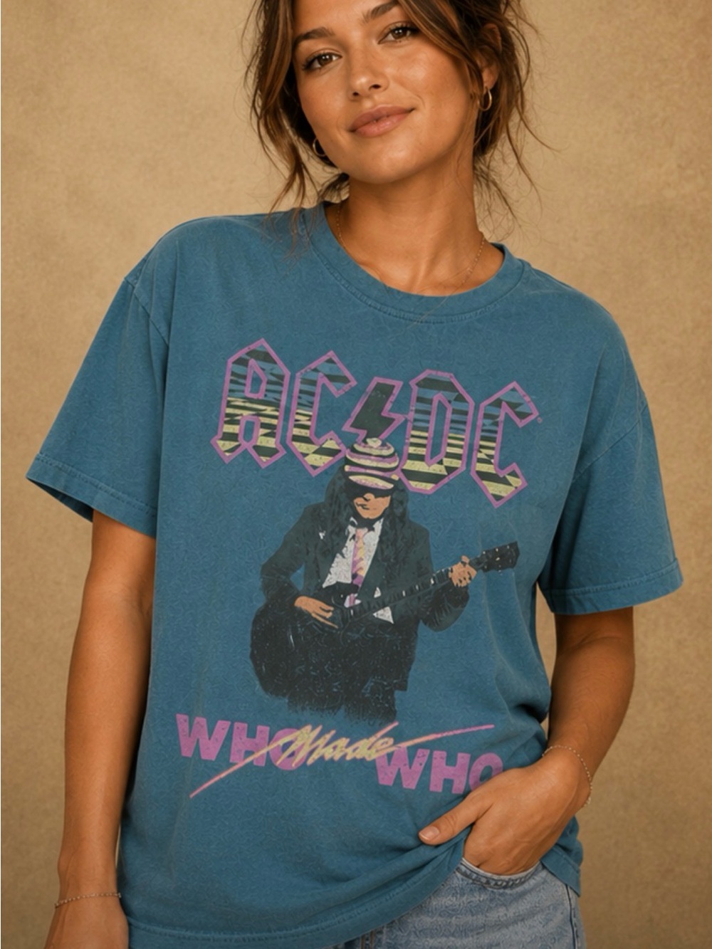 AC/DC Teal Graphic Tee with Pink & Yellow Accents
